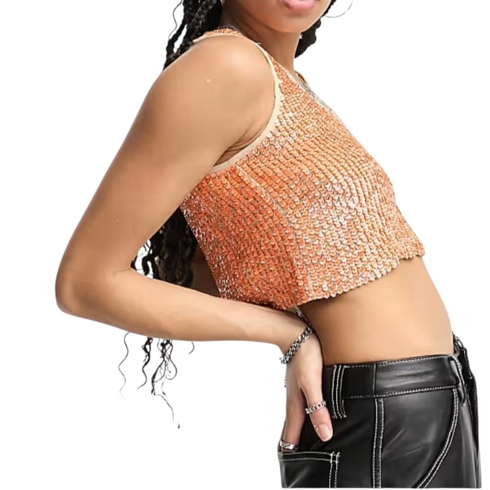 Raga Glitz & Glam Orange Sequin Crop Tank Top Scoop Neck Festival Nightclub XS